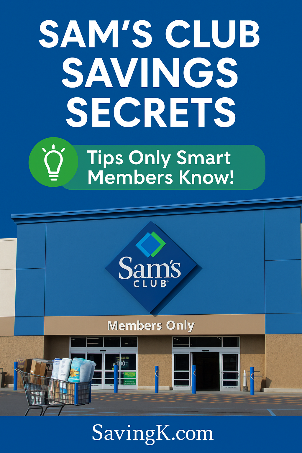 A promotional Pinterest graphic for SavingK.com showing a Sam’s Club storefront with a shopping cart full of bulk items in the foreground. The top of the image features bold text that reads "Sam’s Club Savings Secrets" and a green banner that says "Tips Only Smart Members Know!" in a thought bubble style.