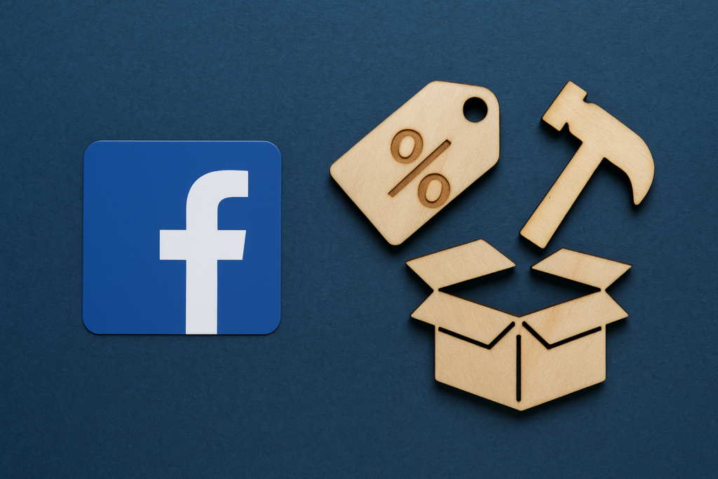 Facebook logo alongside wooden icons representing liquidation—a discount tag, hammer, and shipping box—on a blue background.