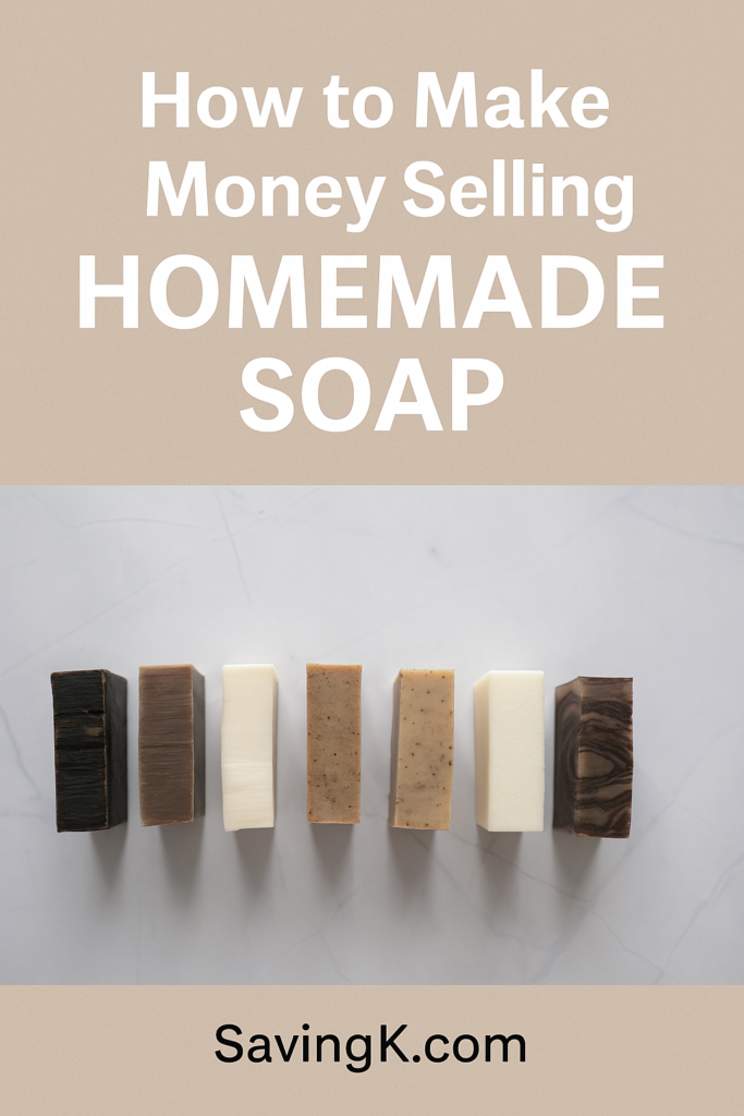 Pinterest pin image displaying handmade soap bars with the text “How to Make Money Selling Homemade Soap” and the website SavingK.com