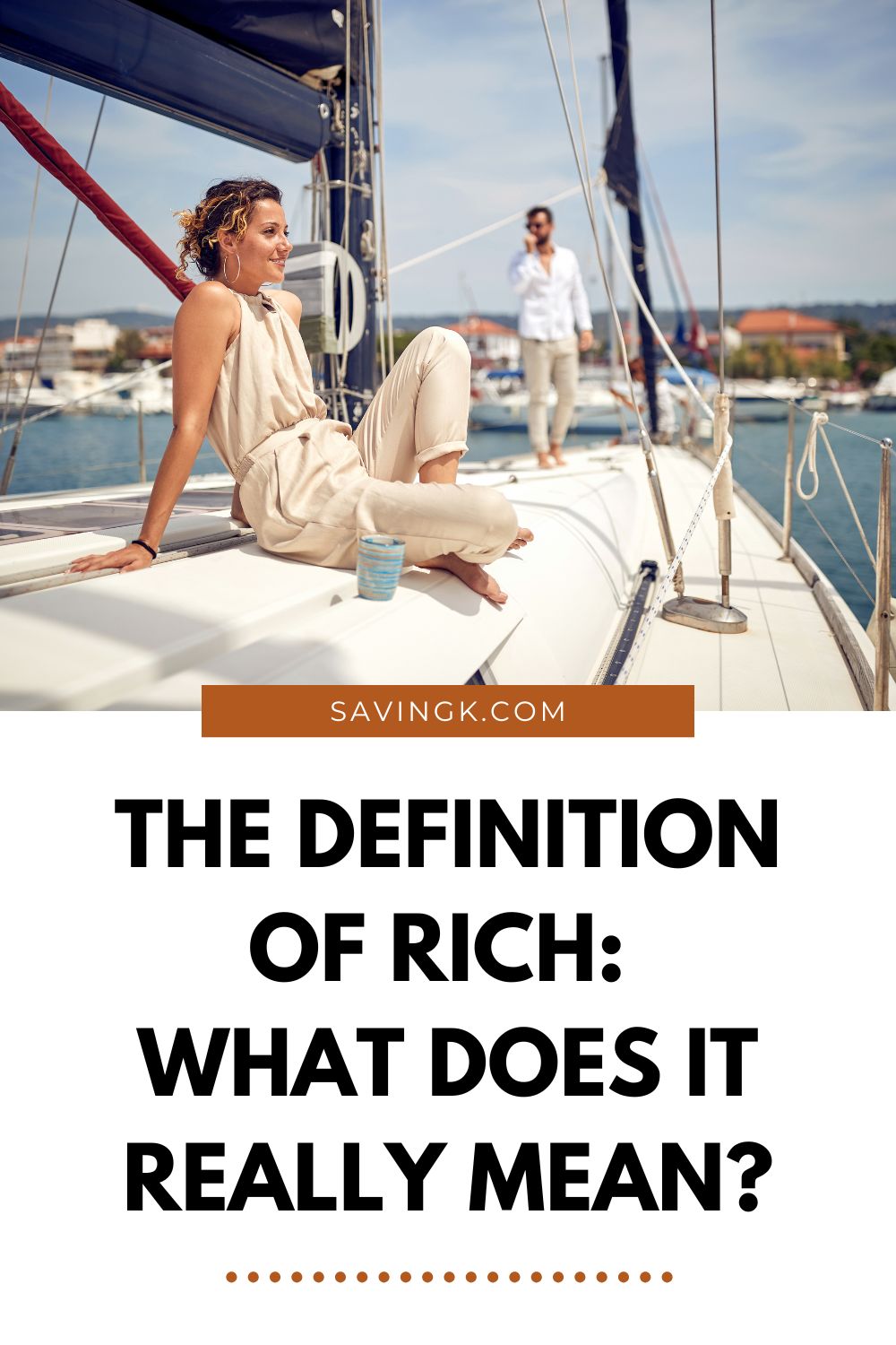Smiling woman relaxing on a luxury yacht, symbolizing lifestyle wealth and the definition of rich.