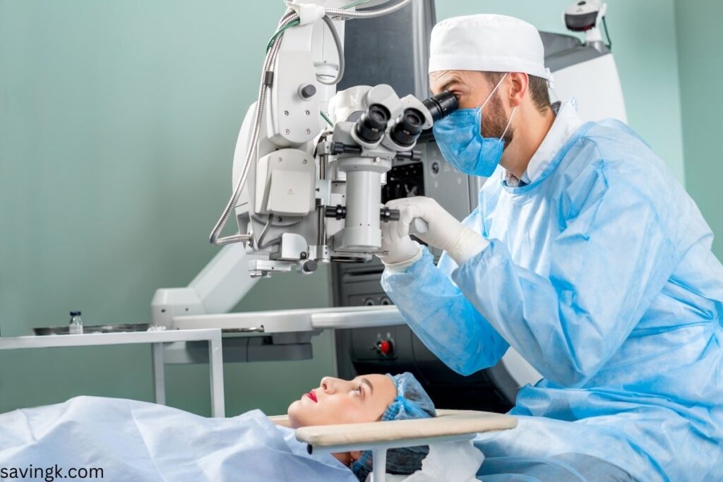 Ophthalmologist performing LASIK eye surgery on a patient using advanced laser technology.
