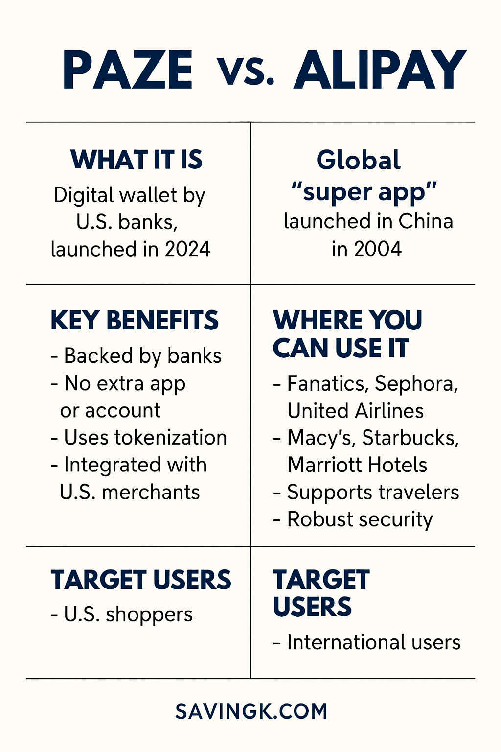 Infographic comparing Paze and Alipay side by side, highlighting what each wallet is, their key benefits, where they can be used, and target users.