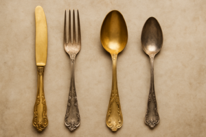 Vintage gold and silver flatware set including ornate knife, fork, and spoons on rustic background