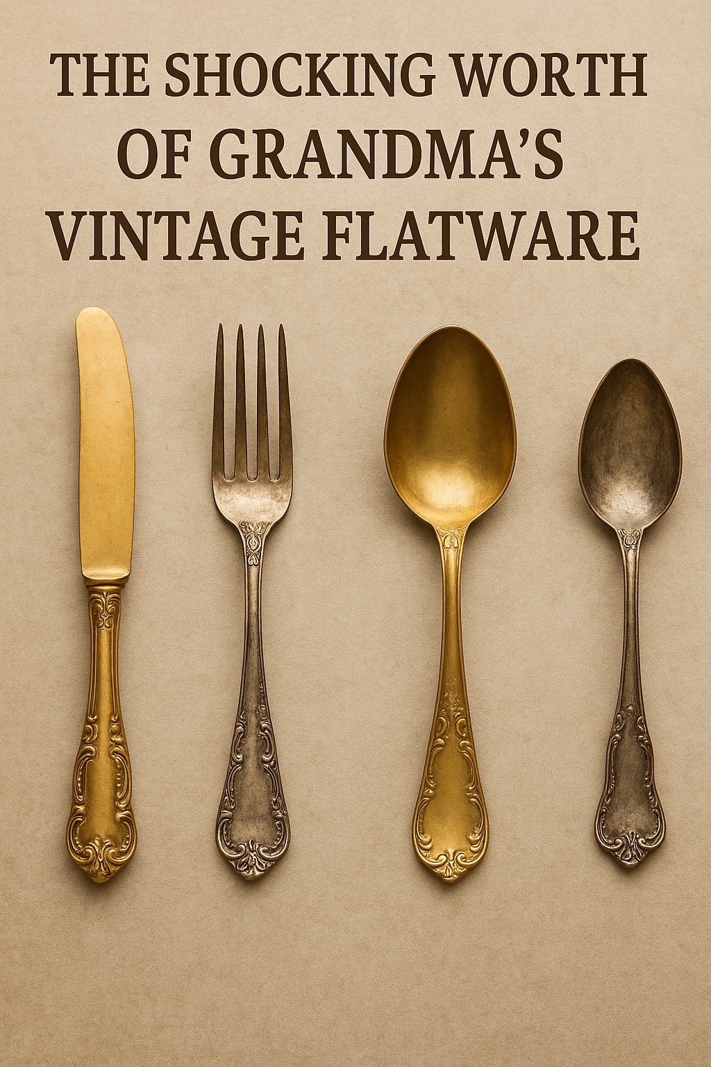 Elegant vintage gold and silver flatware set with ornate handles and bold text overlay reading 'The Shocking Worth Of Grandma’s Vintage Flatware'