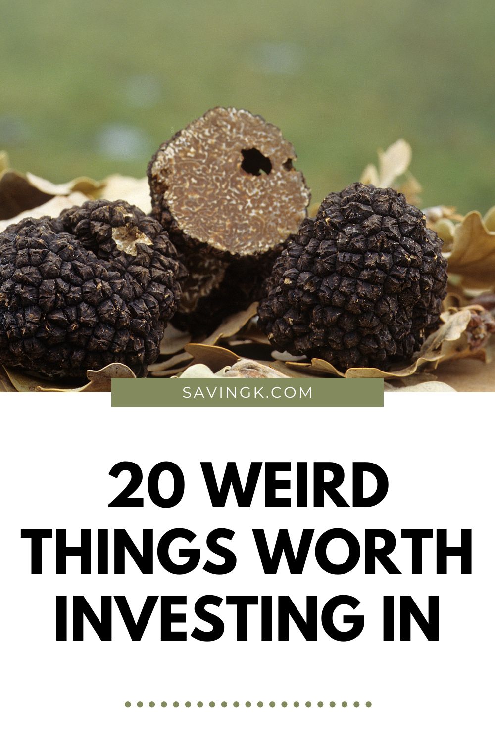 Fresh black truffles displayed on a rustic surface with overlay text “20 Weird Things Worth Investing In.”