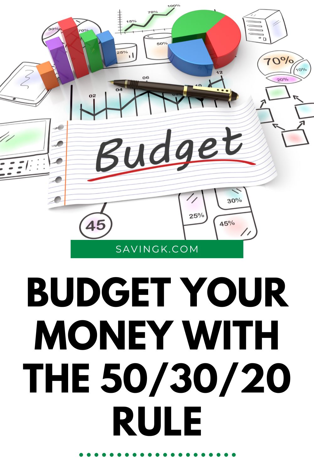 Colorful budgeting graphic with charts, graphs, and a note labeled “Budget” promoting the 50/30/20 rule for managing money.