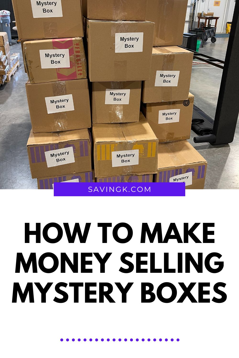 Stack of mystery boxes with text overlay that reads “How to Make Money Selling Mystery Boxes” from SavingK.com.
