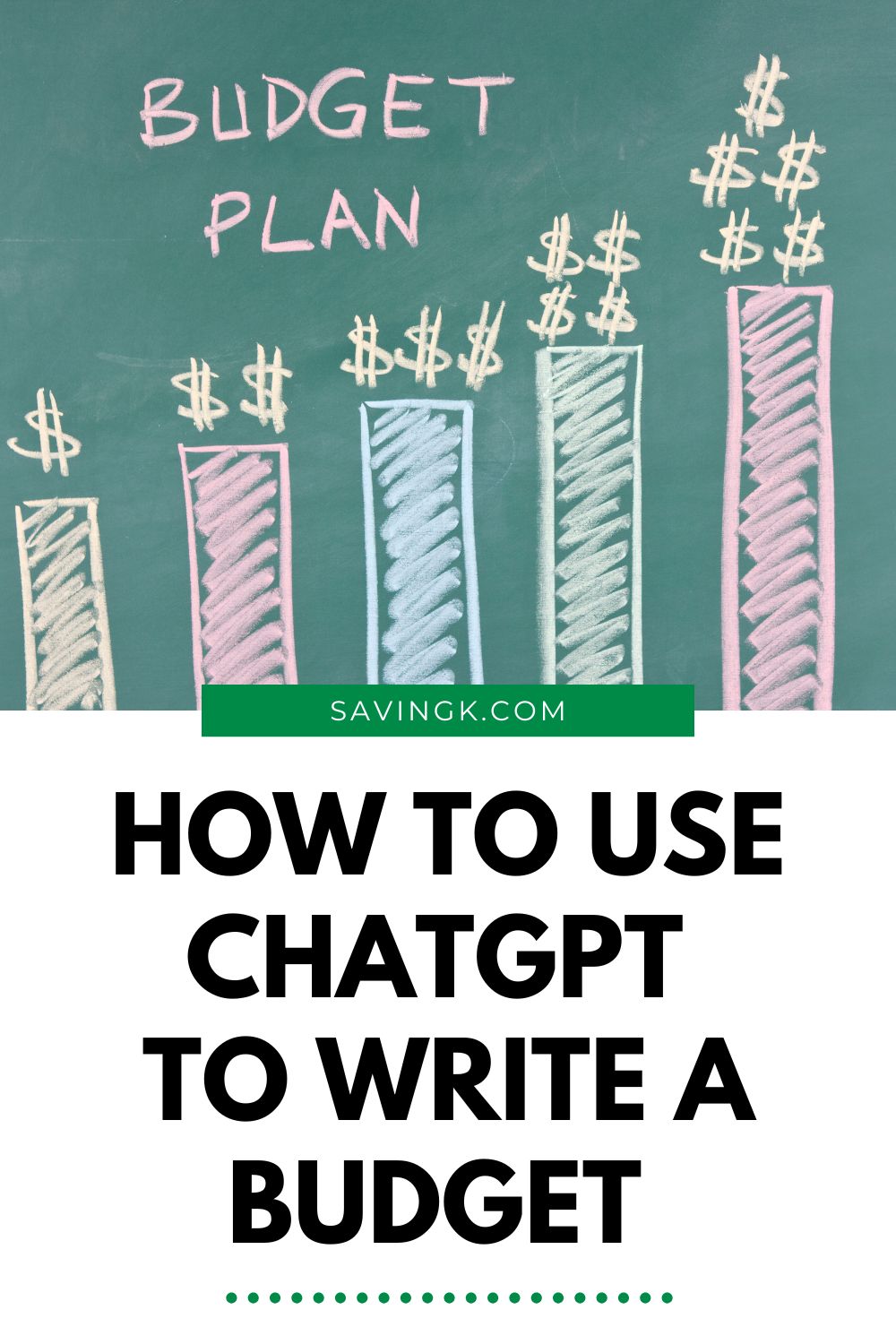 Chalkboard with colorful bar chart and dollar signs titled “Budget Plan,” overlaid with text “How To Use ChatGPT To Write A Budget.”