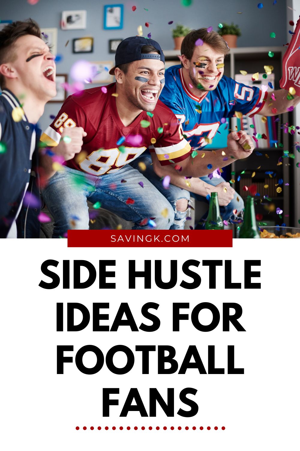 Group of excited football fans cheering with confetti, celebrating game day at home.