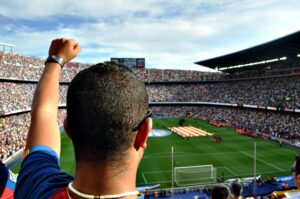 Football fan raising fist in celebration at a packed stadium during a match.