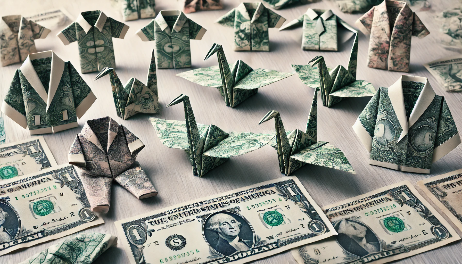 A horizontal image showcasing various intricate money origami designs made from U.S. dollar bills. The origami figures include animals like butterflies