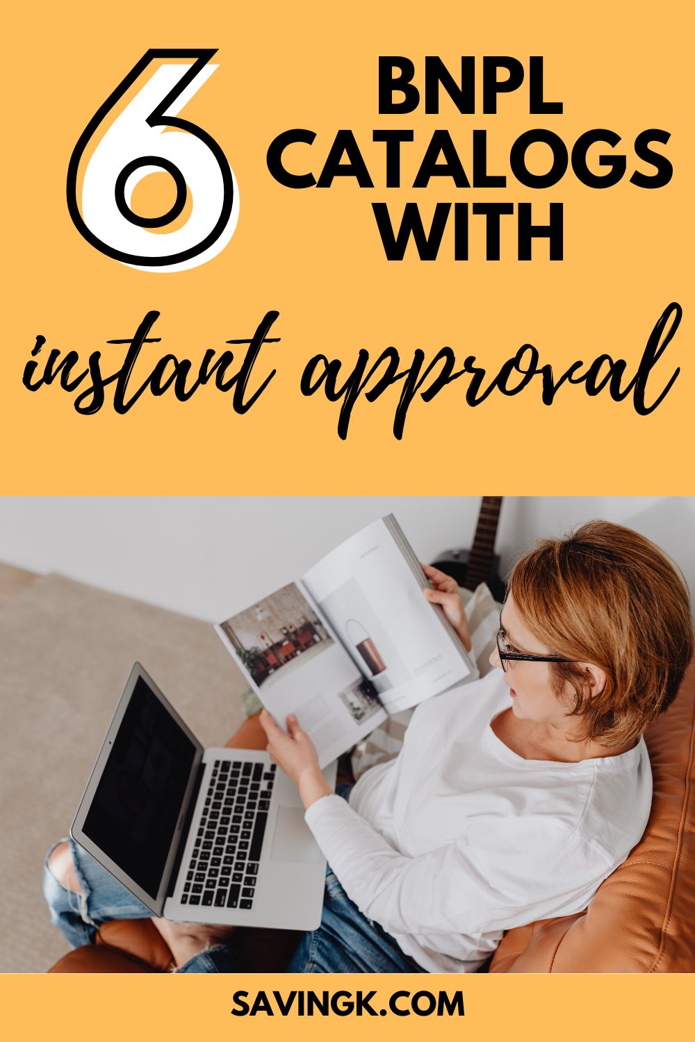 Woman sitting comfortably with a laptop and catalog, representing browsing Buy Now, Pay Later shopping options with instant approval.