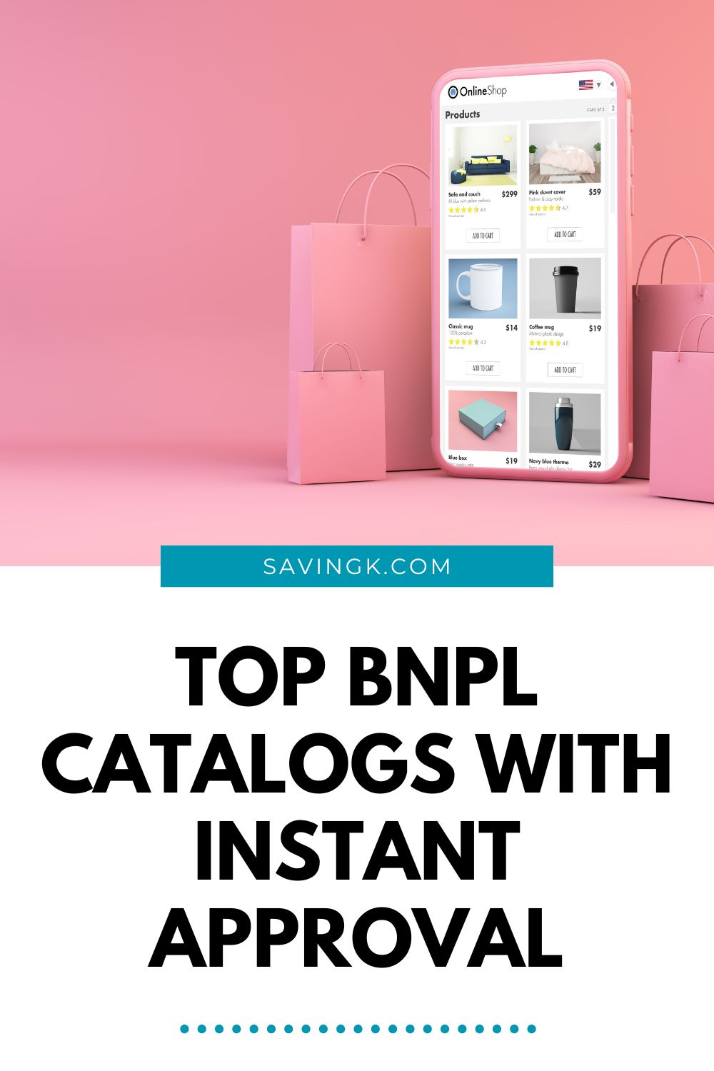 Smartphone displaying an online shopping catalog surrounded by pink shopping bags, promoting buy now pay later (BNPL) options.