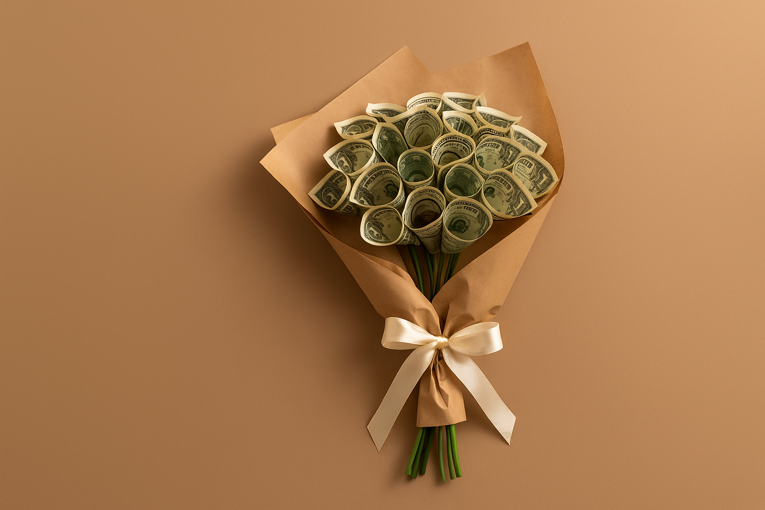 Bouquet made from rolled dollar bills arranged like flowers, wrapped in kraft paper with a cream ribbon bow.