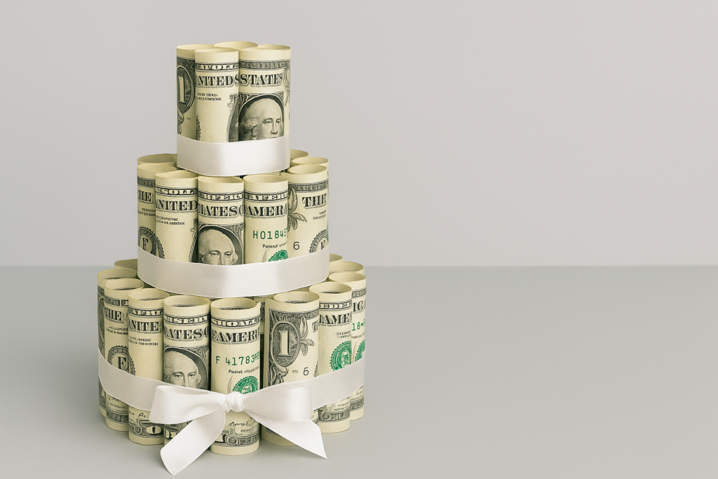 Three-tier money cake made from rolled one-dollar bills tied with white ribbons on a neutral background.