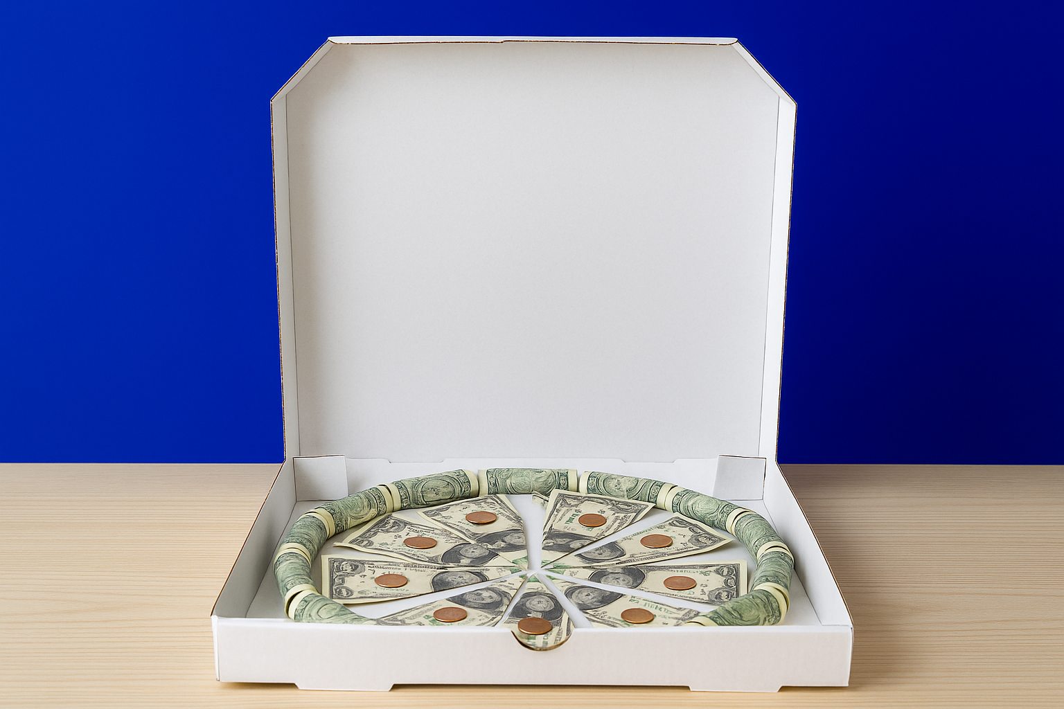 Creative money gift displayed in a pizza box, with rolled dollar bills forming the crust and folded bills arranged to look like pizza toppings.