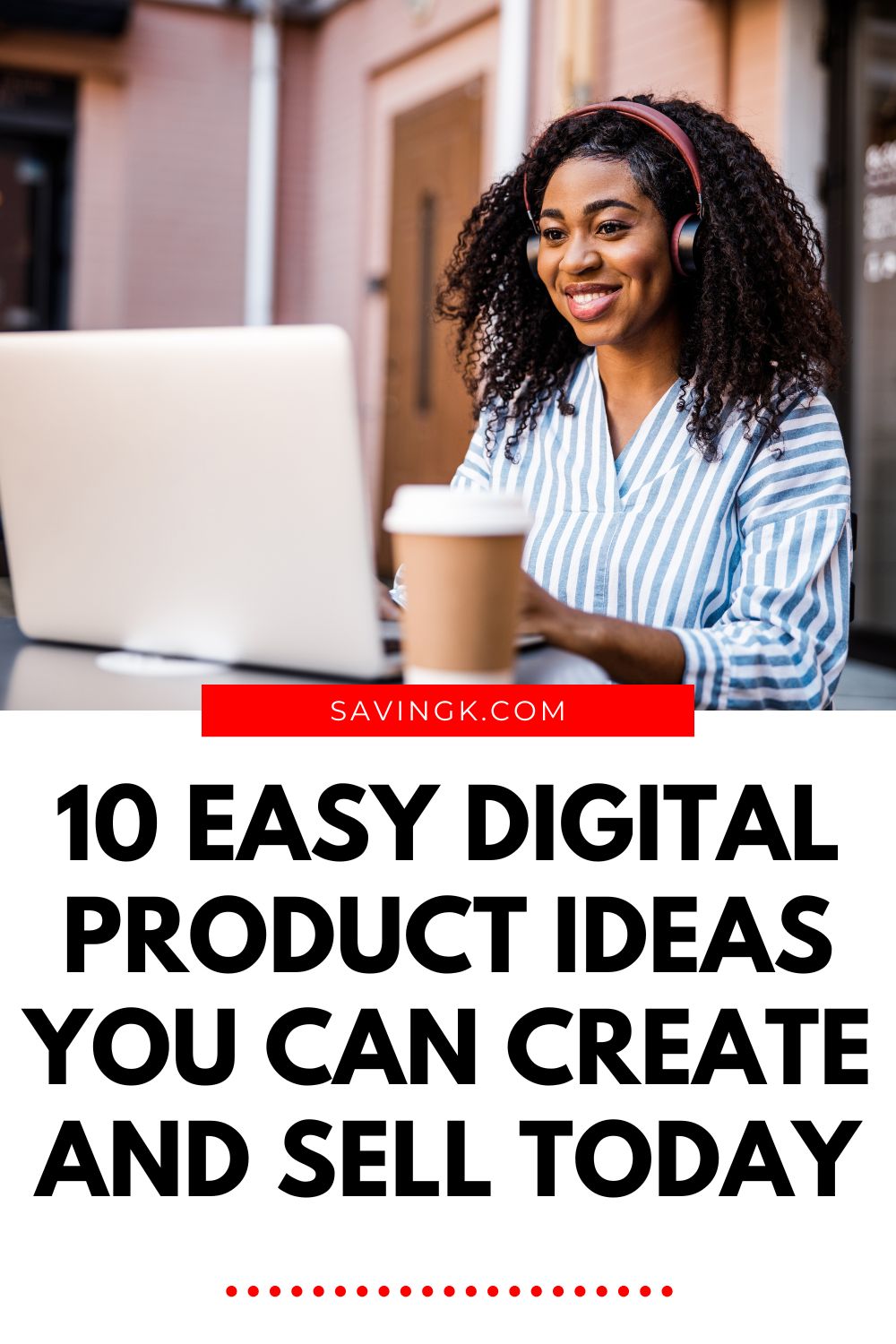 Woman smiling while working on her laptop with coffee, representing easy digital product ideas you can create and sell online.