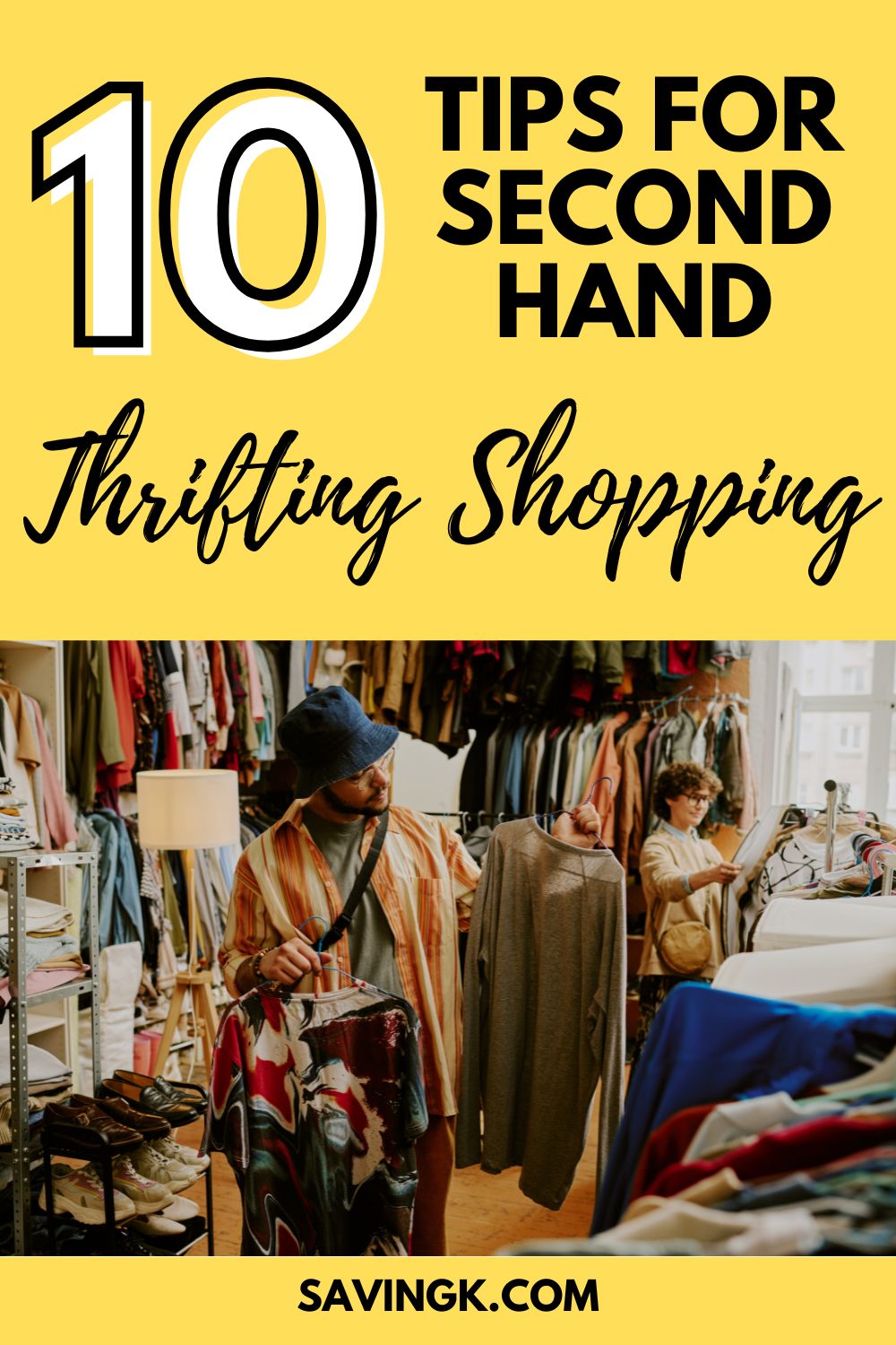 Man shopping for second-hand clothes in a thrift store with racks of colorful clothing.