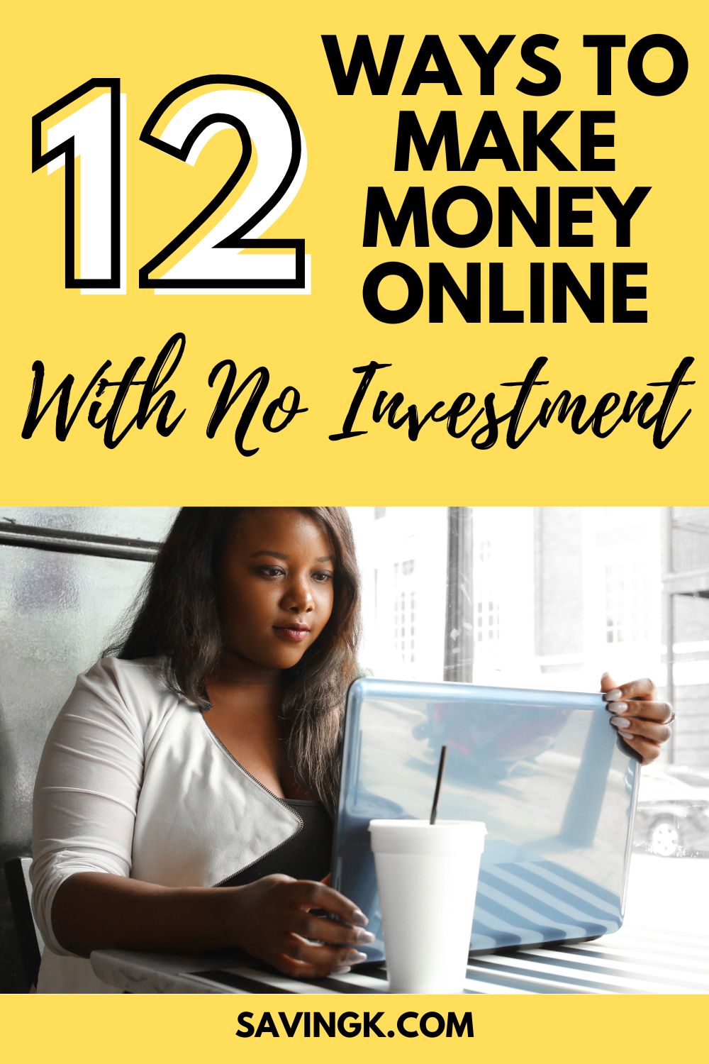 Woman working on a laptop with a coffee cup, representing ways to make money online with no investment.