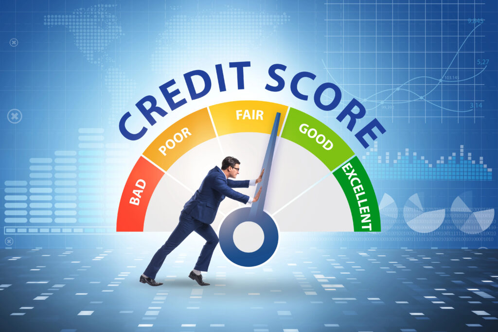 Businessman pushing a large credit score gauge from poor toward excellent, symbolizing improving credit health.