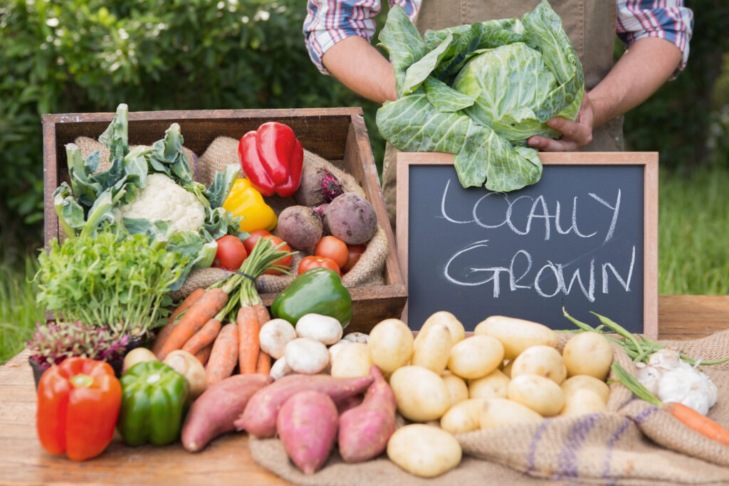 Fresh locally grown vegetables displayed at a farmer’s market, including carrots, peppers, potatoes, and cabbage.