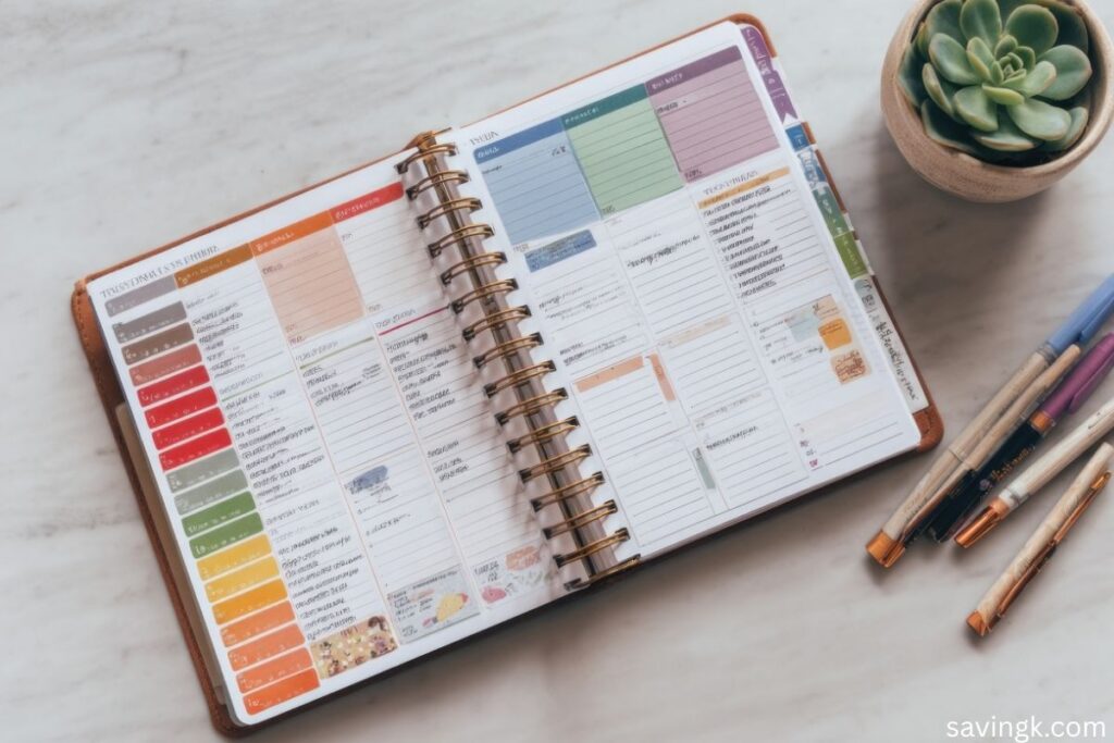 Open colorful planner with weekly schedule layout, pens, and a small succulent on a marble desk surface.