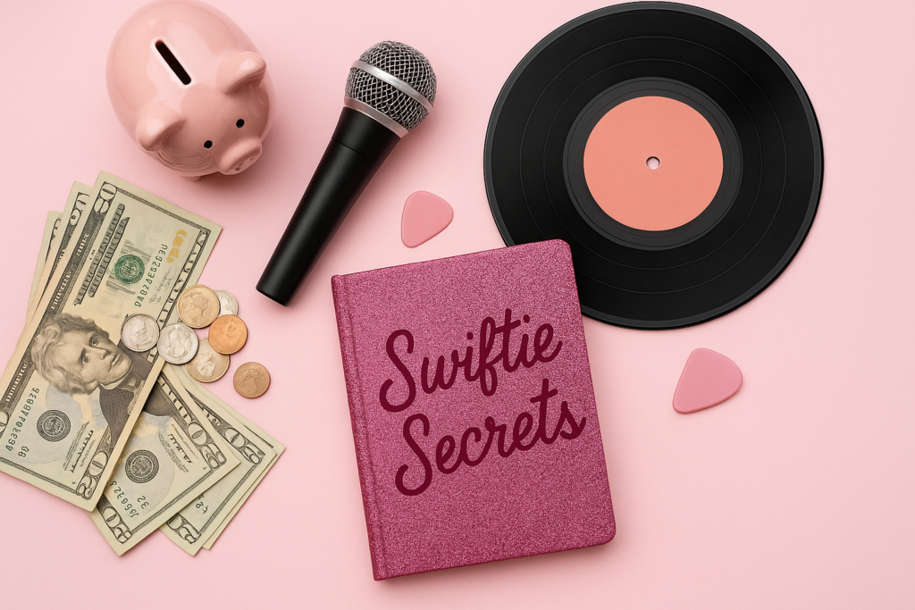 Music and money flat lay symbolizing Taylor Swift’s financial success