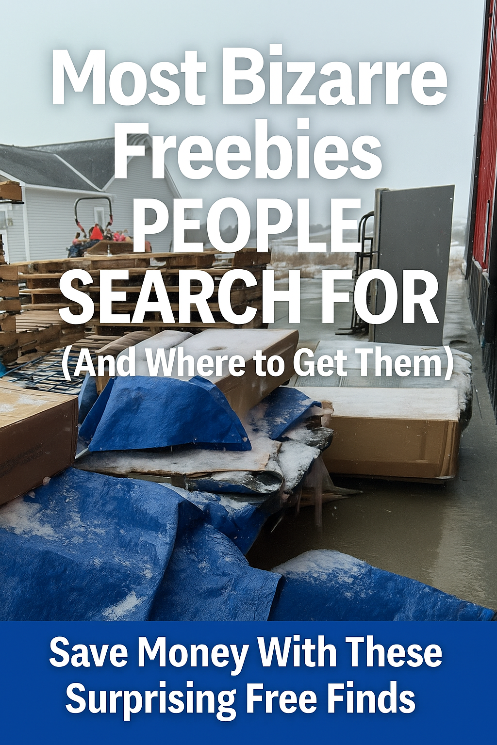 Pinterest pin showing the title “Most Bizarre Freebies People Search For” over an image of stacked wooden pallets outdoors in winter, promoting a guide to strange but useful free items people can get.