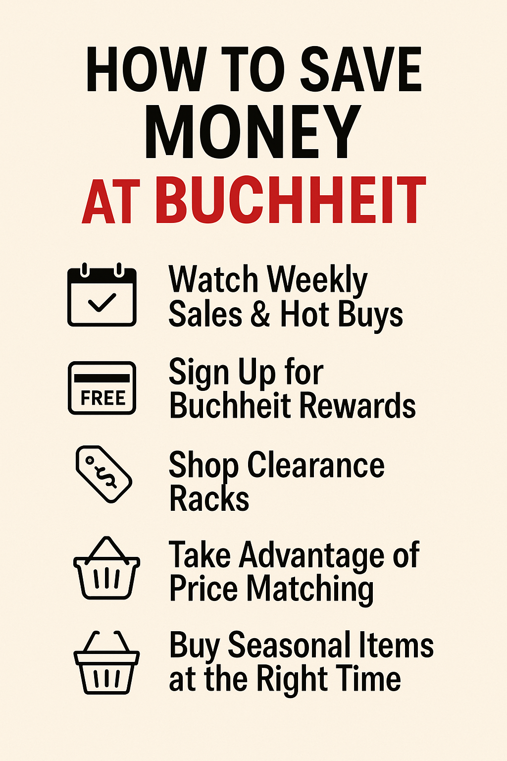 Pinterest graphic titled How to Save Money at Buchheit, featuring tips like weekly sales, rewards, clearance racks, price matching, and seasonal shopping.