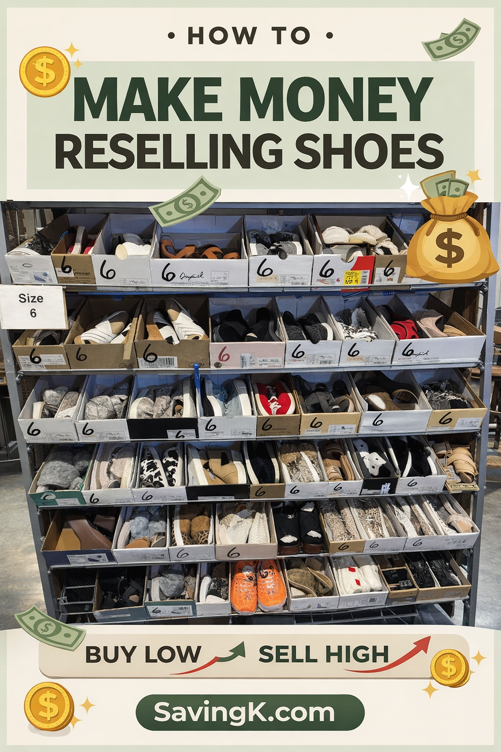 Pinterest graphic showing how to make money reselling shoes with organized shelves of size 6 footwear and “buy low sell high” message