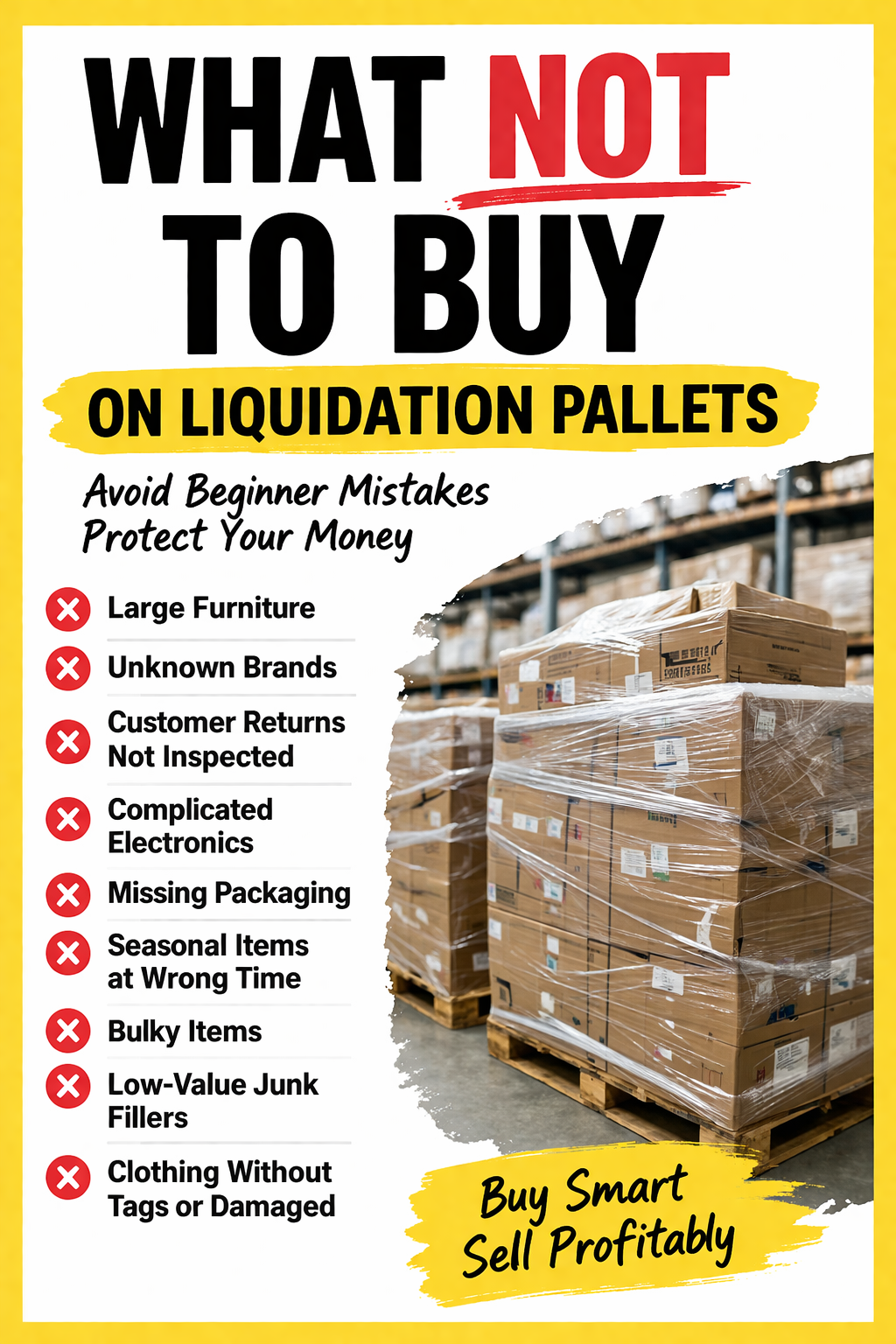 Pinterest graphic showing liquidation pallets with text “what not to buy on liquidation pallets” highlighting beginner mistakes