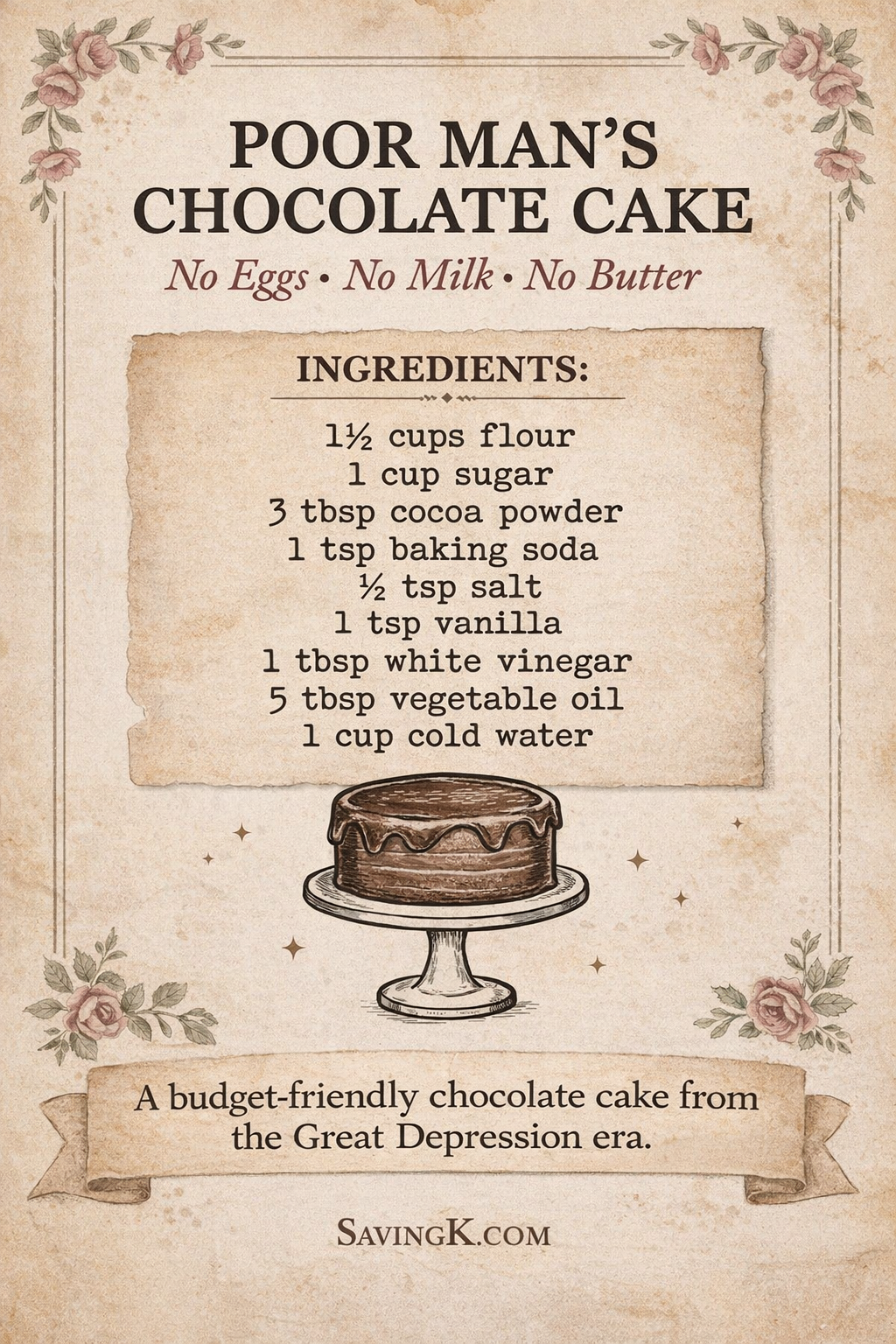 Pinterest-style graphic featuring Poor Man’s Chocolate Cake recipe with vintage design, ingredients list, and note that it uses no eggs, milk, or butter.