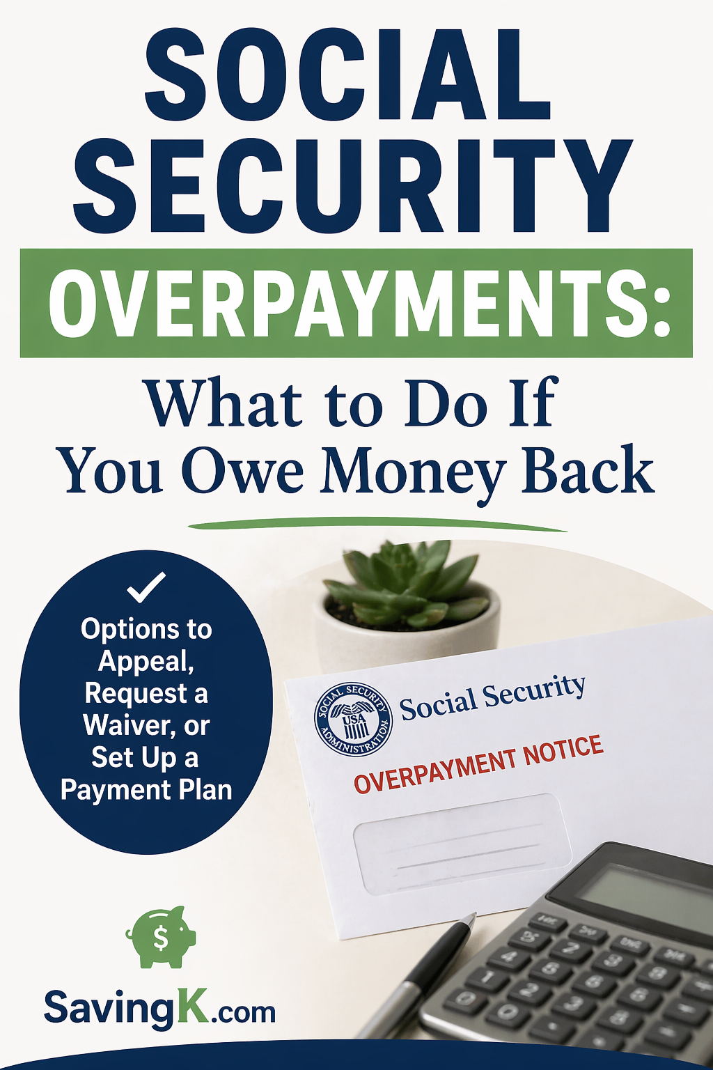 Pinterest graphic explaining social security overpayments and options to appeal, request a waiver, or set up a payment plan