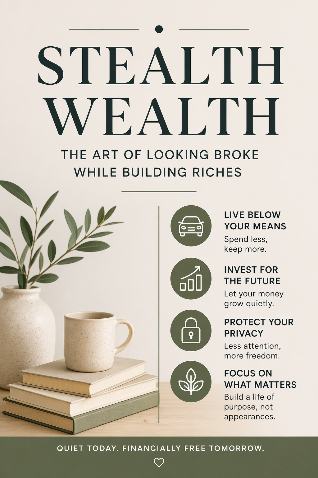 Minimalist Pinterest graphic about stealth wealth with text “The Art of Looking Broke While Building Riches” and simple icons representing saving, investing, privacy, and intentional spending