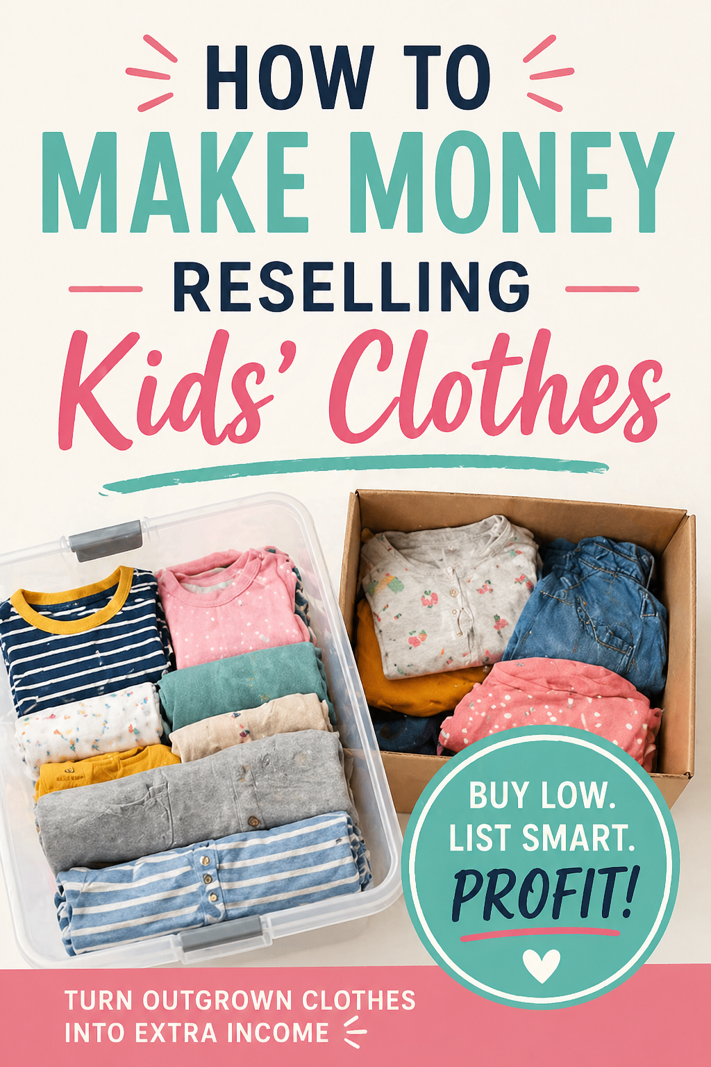 pinterest graphic showing bins of kids clothes with text about making money reselling kids clothing