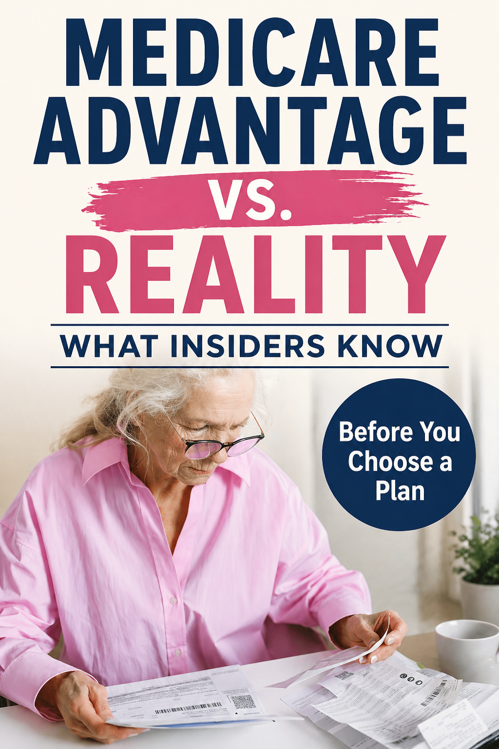 Pinterest graphic showing a senior woman reviewing medical bills with text about Medicare Advantage vs reality