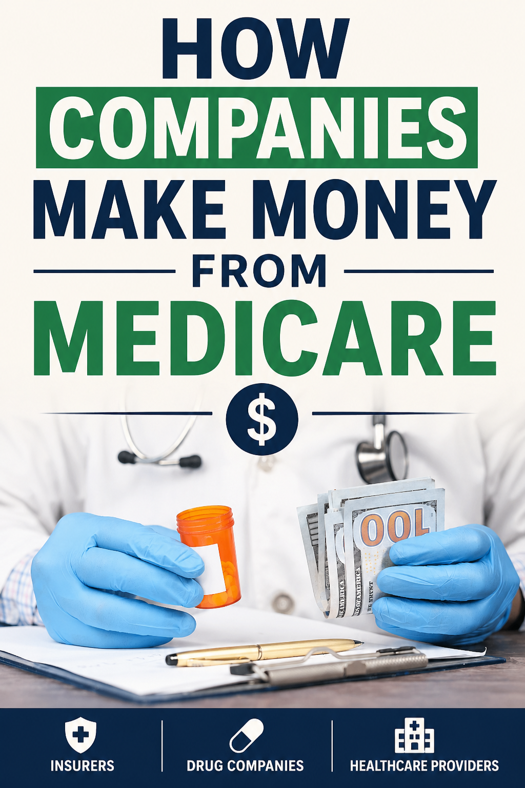 Pinterest graphic showing doctor holding pills and cash with text about how companies profit from Medicare