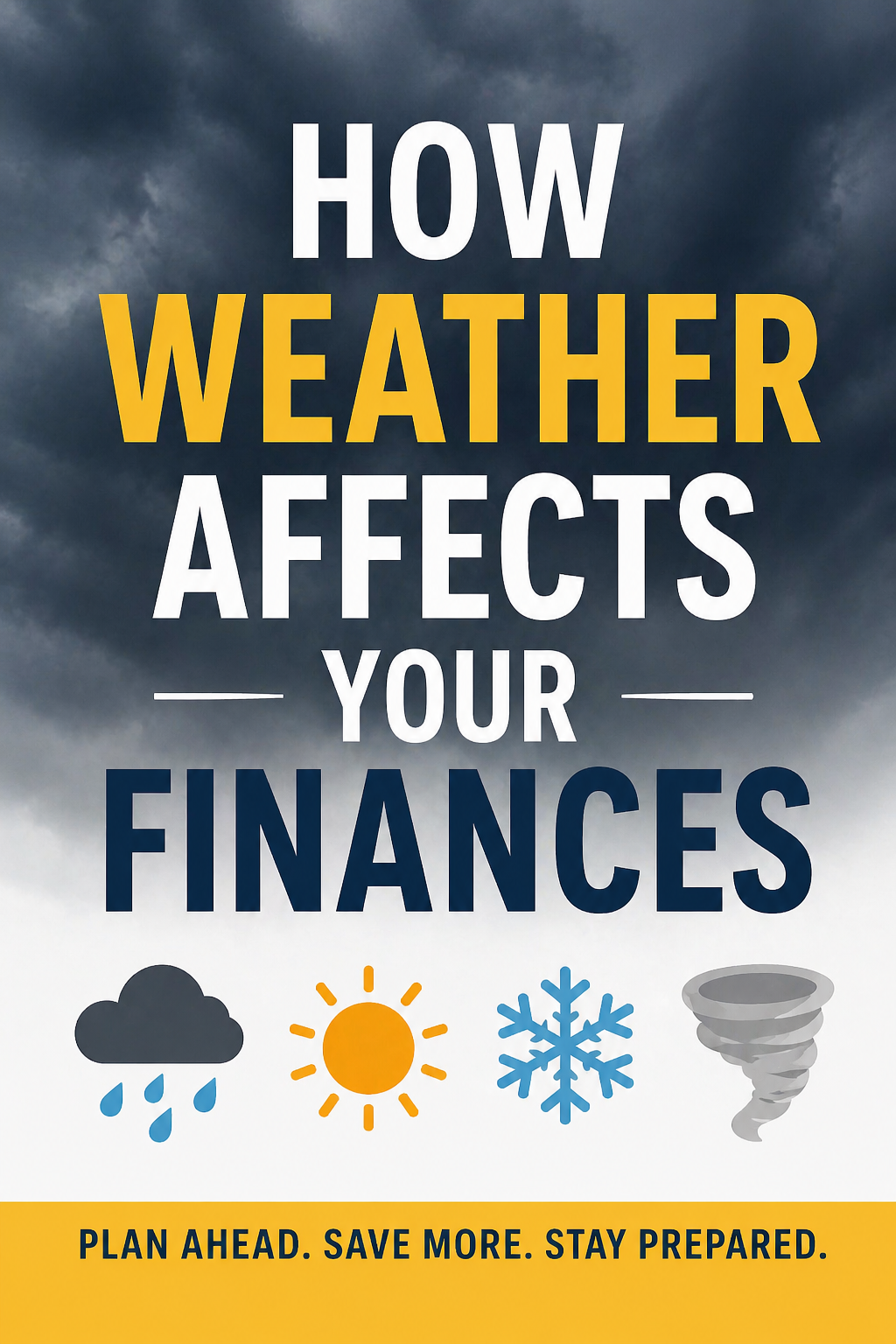 pinterest graphic about how weather affects your finances with storm clouds