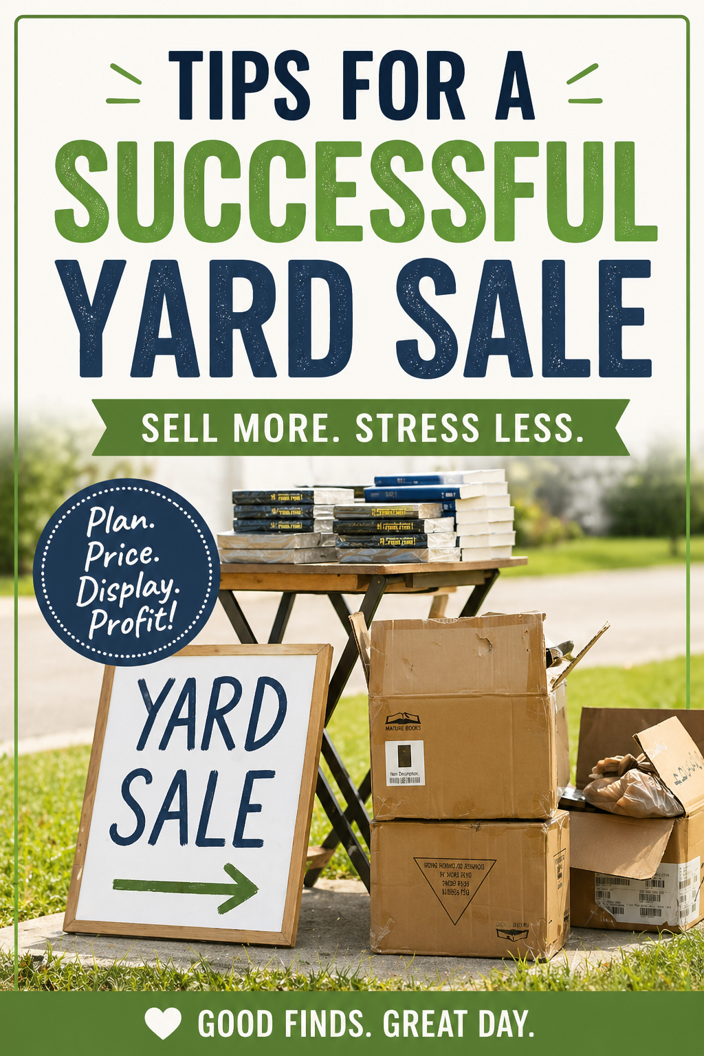 Pinterest graphic with yard sale setup and text about tips for a successful yard sale