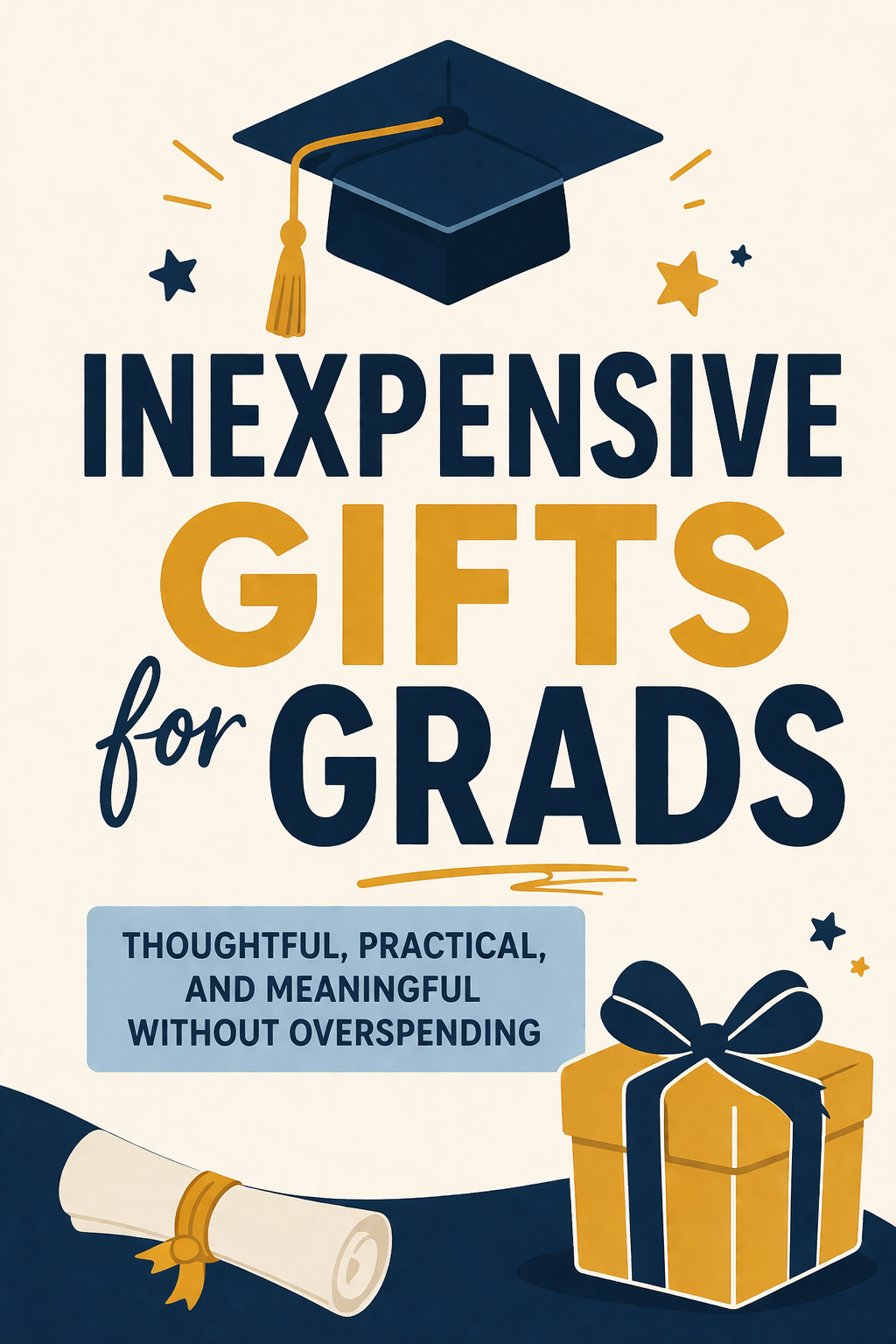 Graphic with graduation cap and gift box reading inexpensive gifts for grads