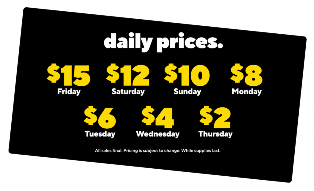 Staples Bin Wins pricing schedule showing daily discounts from $15 on Friday down to $2 on Thursday