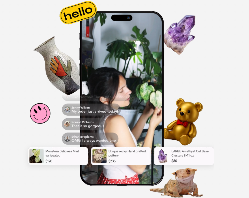 Woman hosting a live selling stream on Palmstreet app showing plants and products while viewers comment and shop in real time