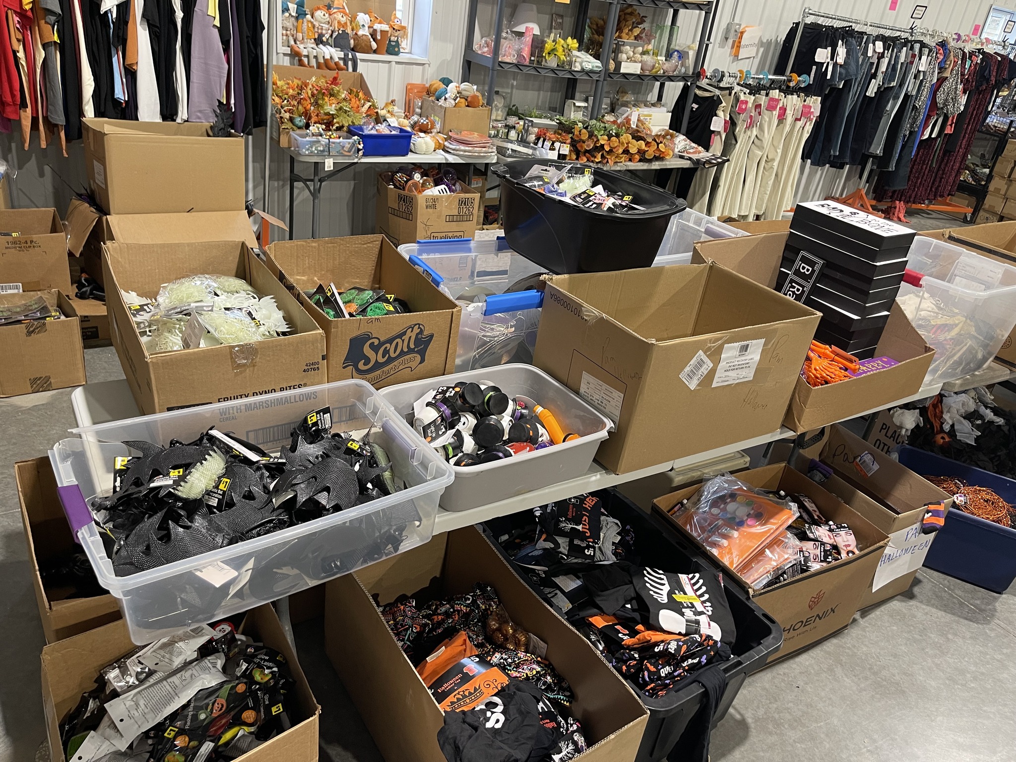 Boxes and bins of Halloween liquidation items including decorations, apparel, and accessories sorted for resale