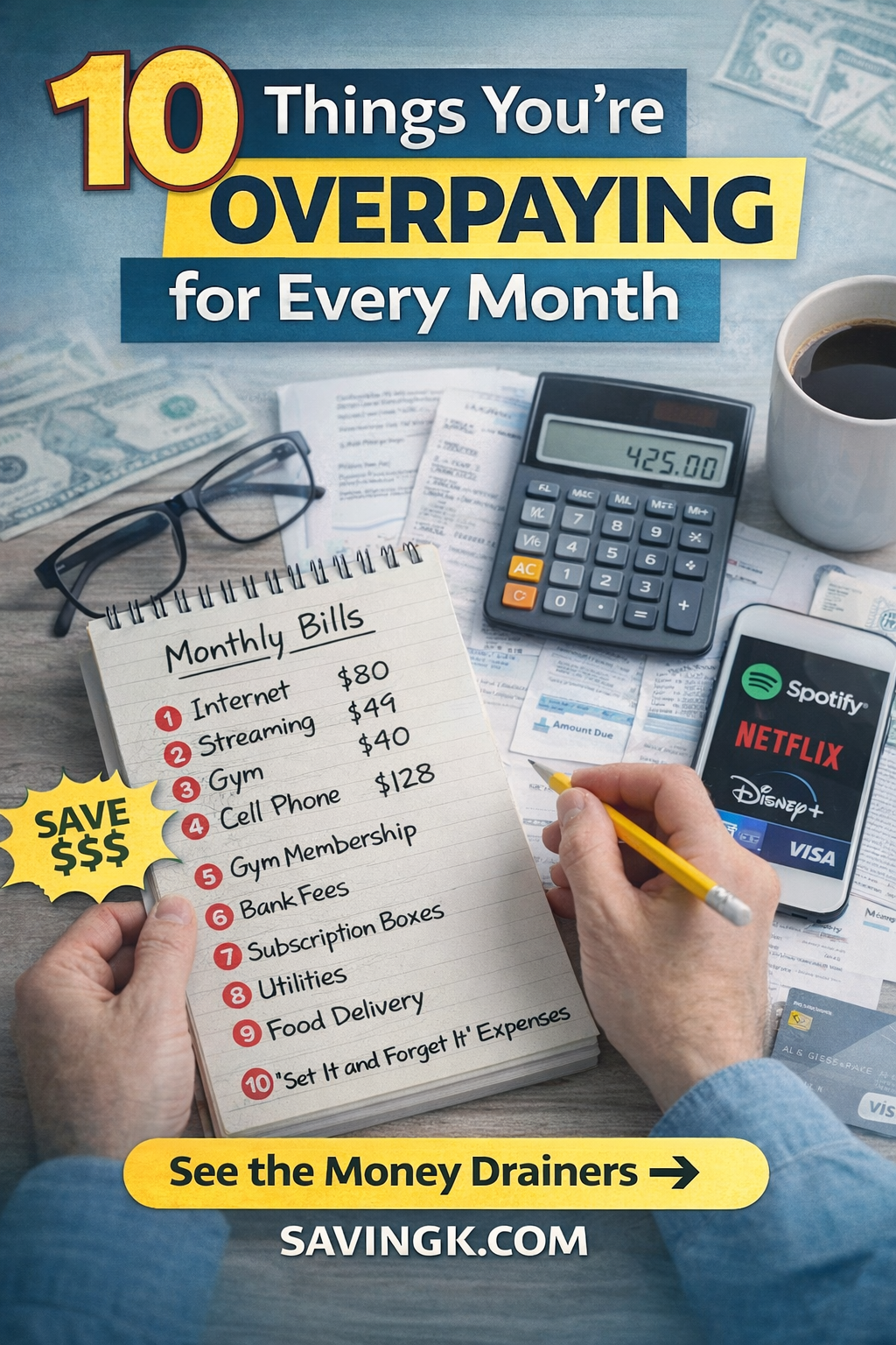 Person reviewing monthly bills and subscriptions to find ways to save money and cut expenses