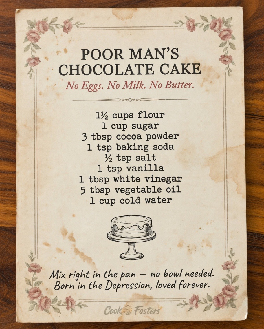 Vintage-style recipe card for Poor Man’s Chocolate Cake featuring a Depression-era no eggs, no milk, no butter chocolate cake recipe.