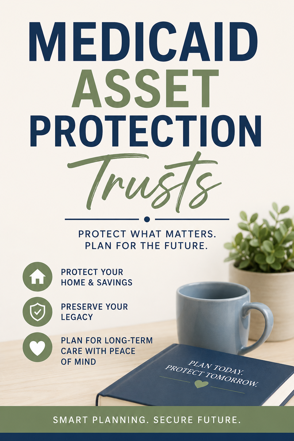 Pinterest graphic about Medicaid Asset Protection Trusts with text about protecting your home, savings, and long-term care planning.