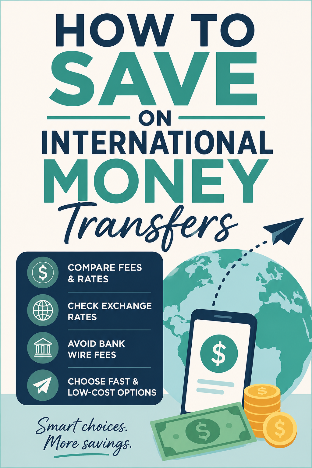 Simple Pinterest graphic about saving money on international transfers with globe, money, and mobile payment illustrations.