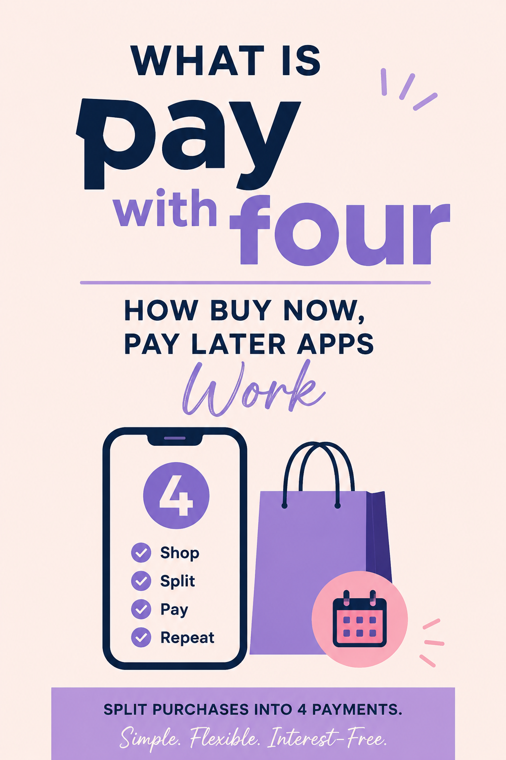 Simple Pinterest graphic explaining how PayWithFour works with four payment installments, shopping icons, and mobile payment imagery