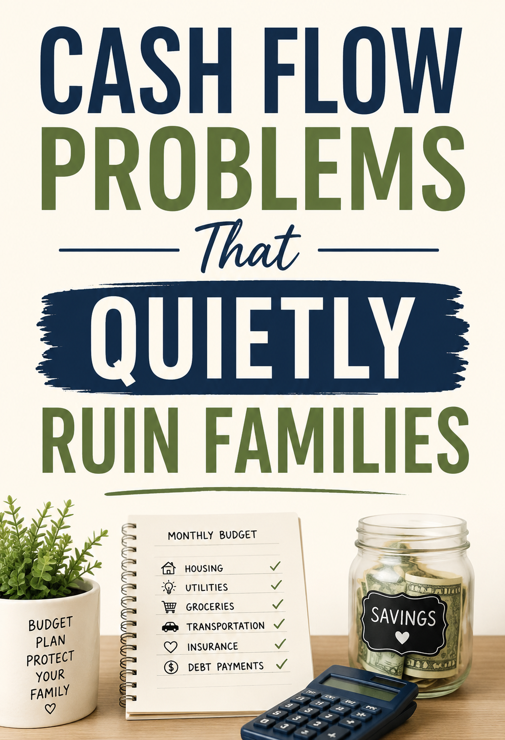 Pinterest graphic about household cash flow problems with budgeting notebook, calculator, and savings jar