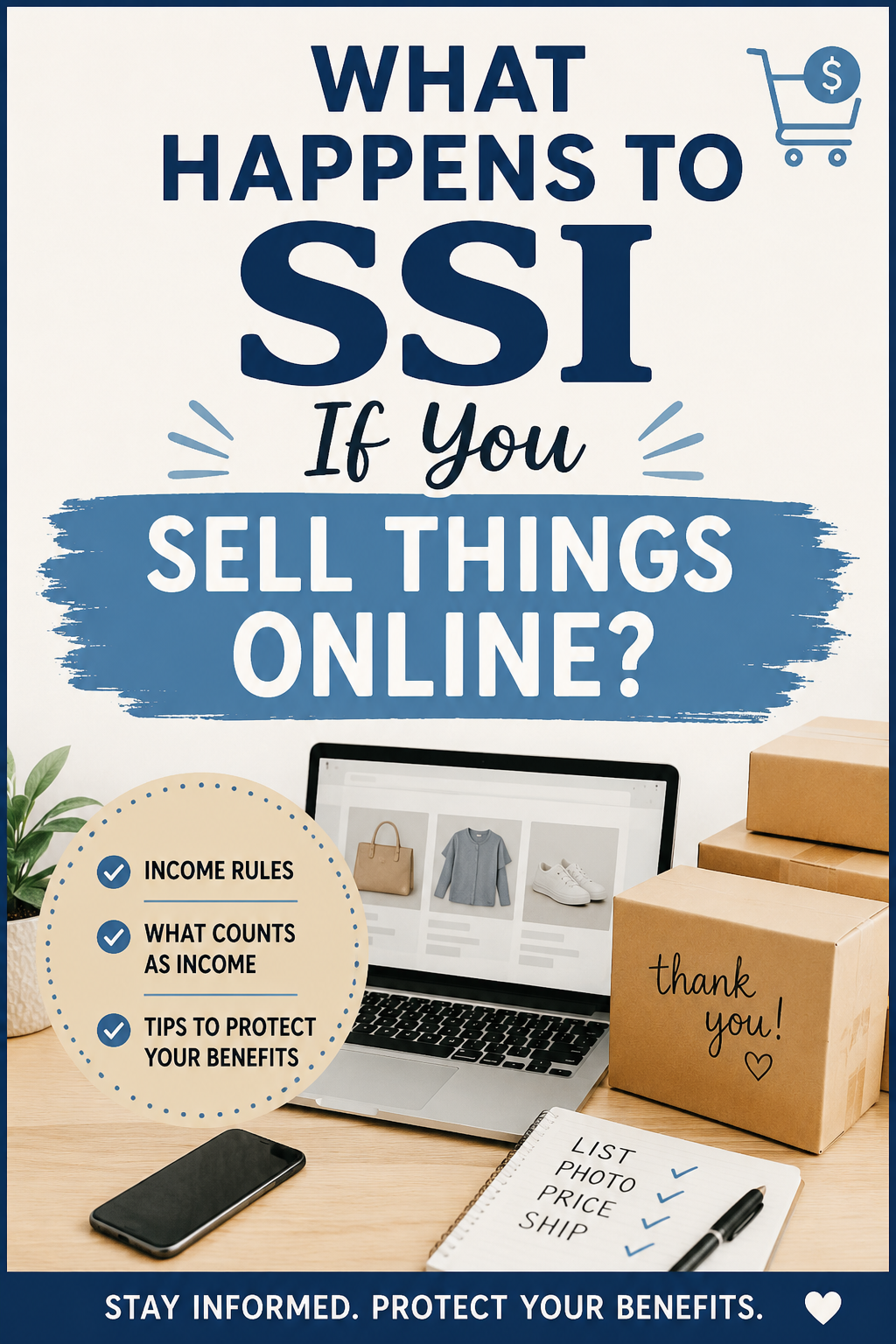 Pinterest graphic about SSI rules for selling items online and protecting disability benefits